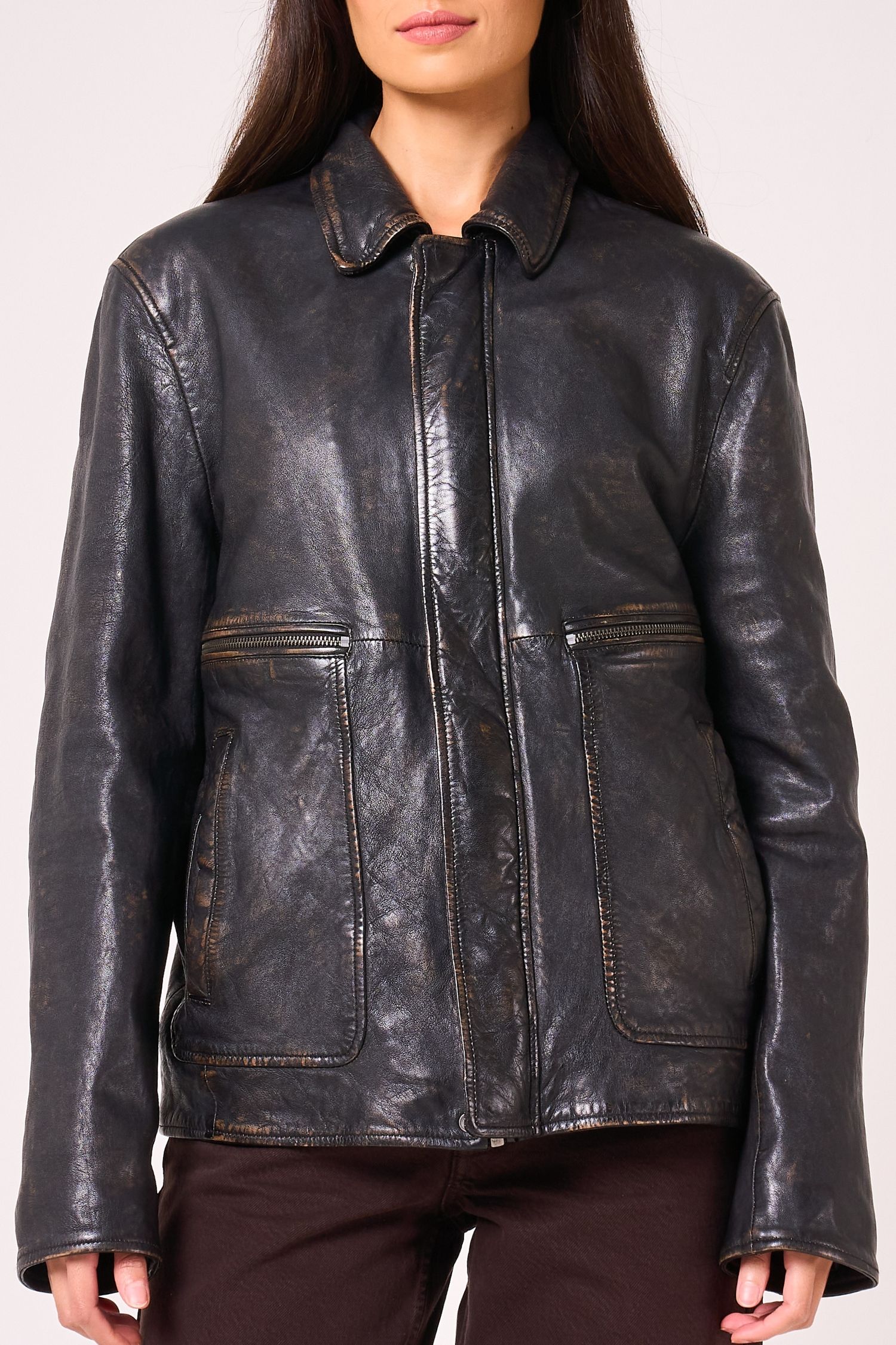 Barneys Originals Vintage Washed Real Leather Oversized Jacket