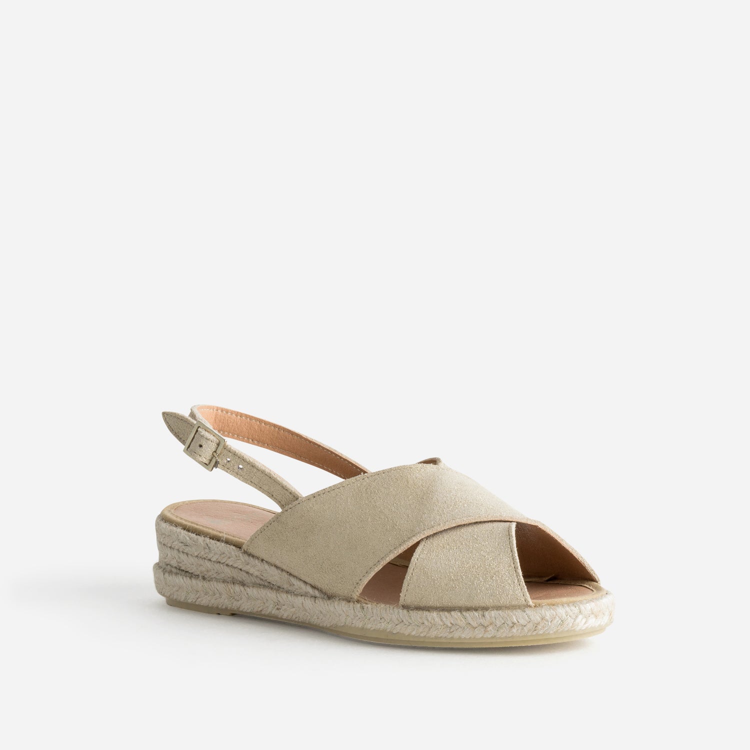 Sandale compensée beige doré cuir velours