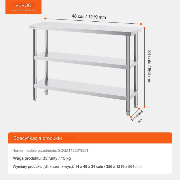Stół gastronomiczny nierdzewny 36x122cm blat roboczy do kuchni 3 regały