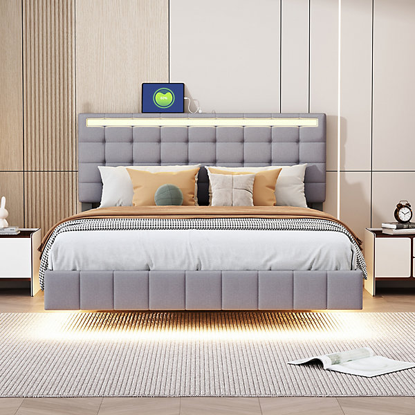 Lit Double 140x200 cm - Lit avec Cadre Flottant et éclairage LED, Tête de Lit design en Lin Gris, Sans Matelas