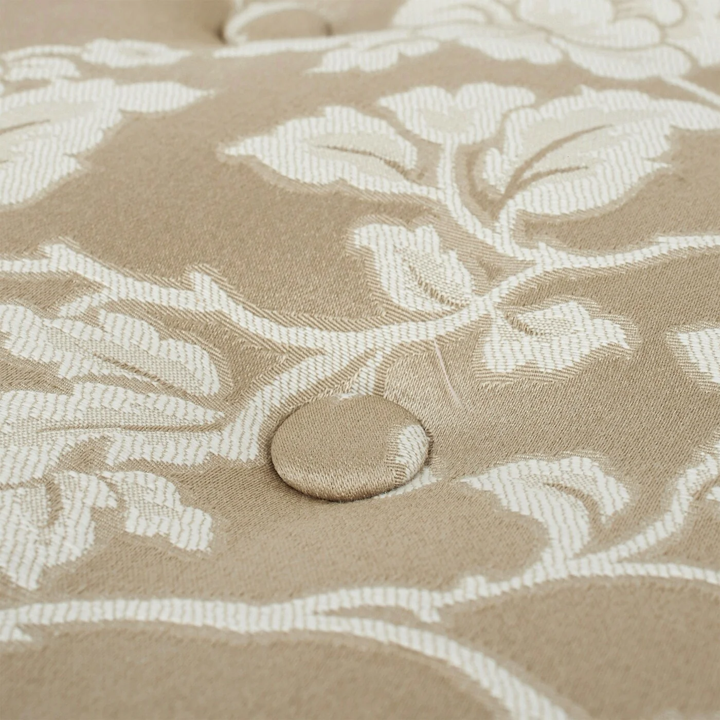 24 Round Upholstered Accent Ottoman, Champagne Beige Floral Jacquard with Ivory Trim