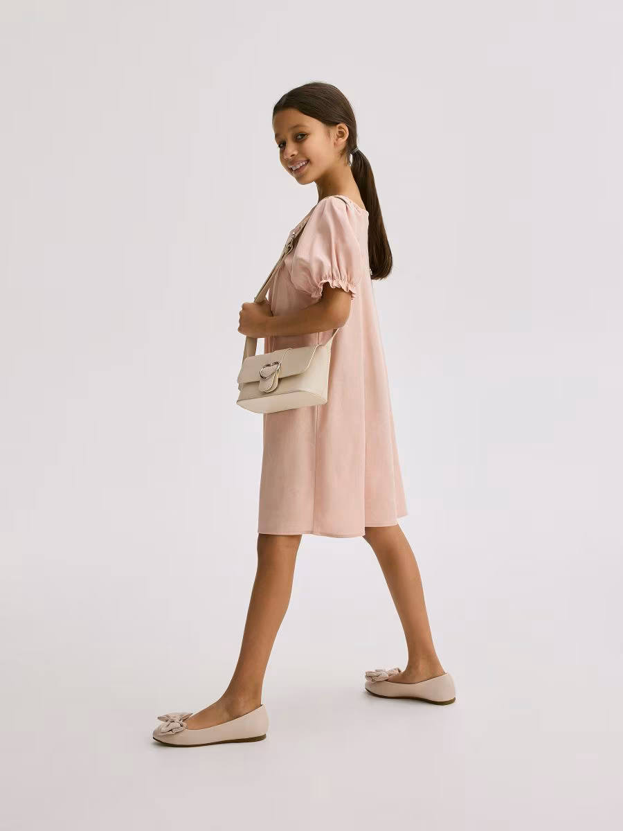 Linen Blend Dress With Puff Sleeves
