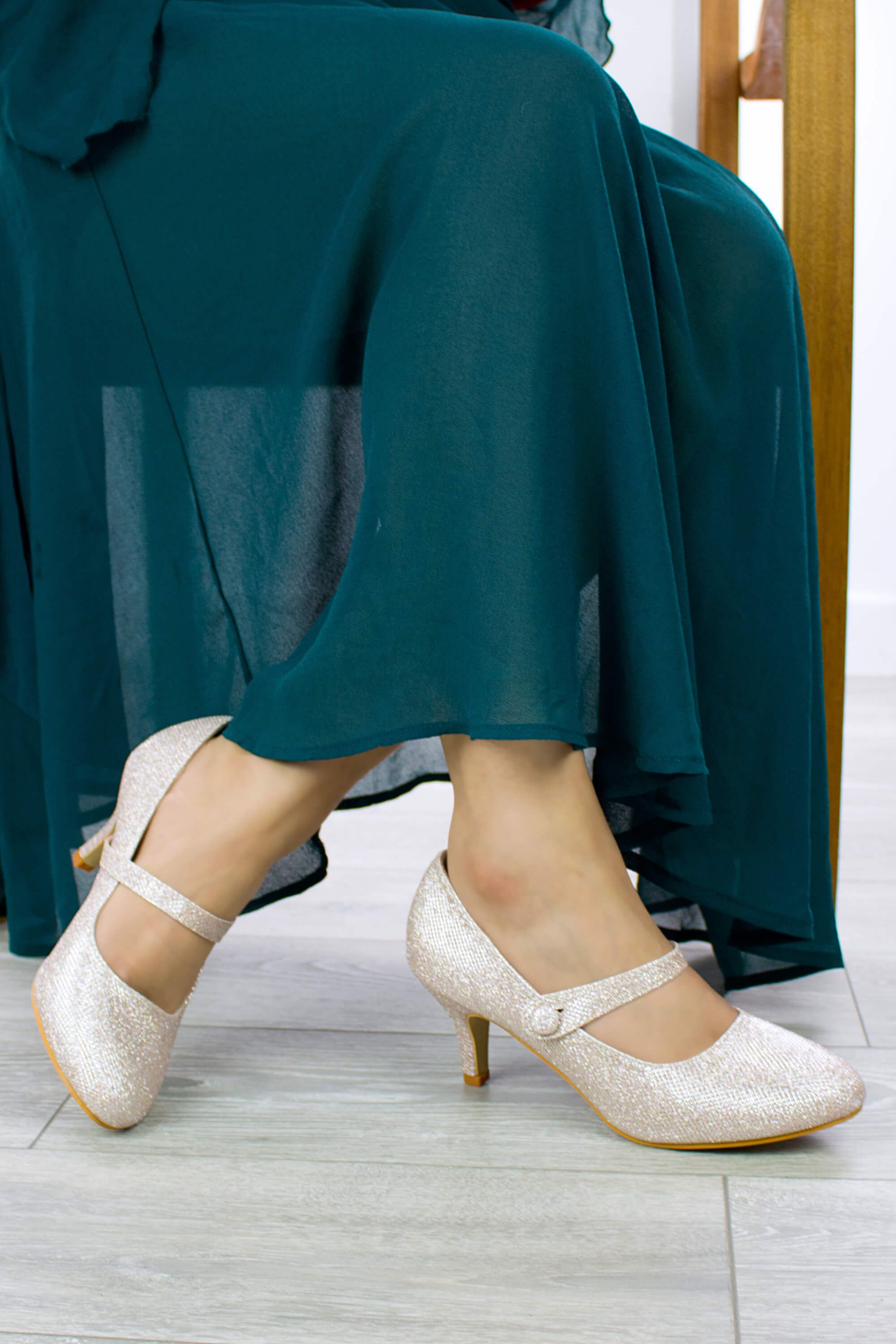 AJVANI Mid Heel Elasticated Strap Mary Jane Court Shoes