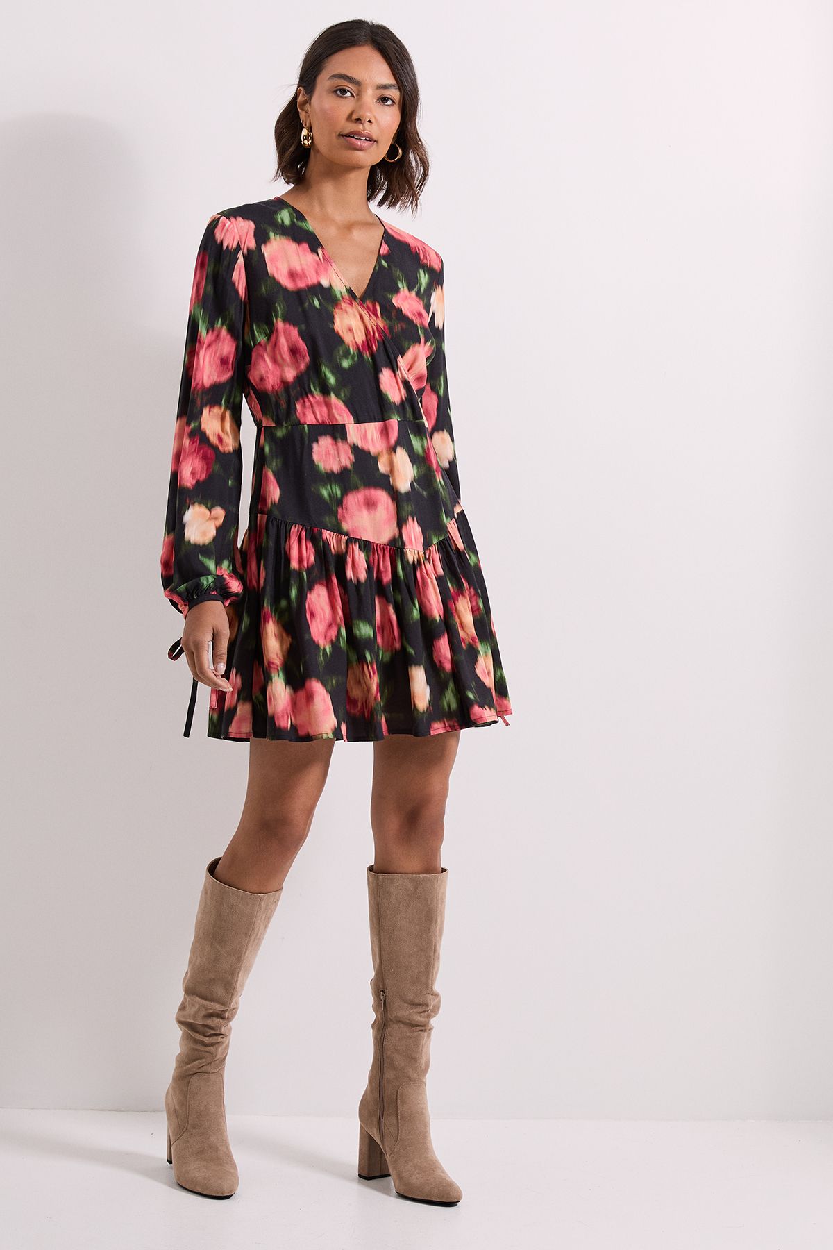 Dorothy Perkins Floral Dropped Seam Detail Wrap Front Mini Dress