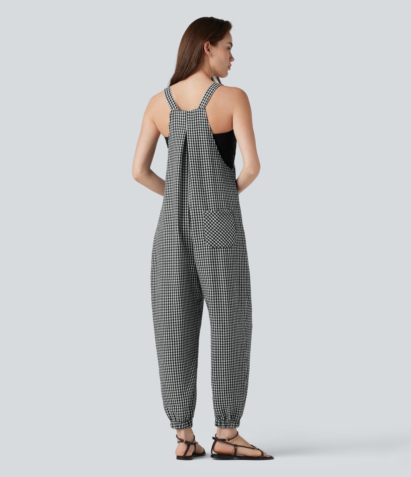 Salopette jogging décontractée à carreaux aspect lin avec poches