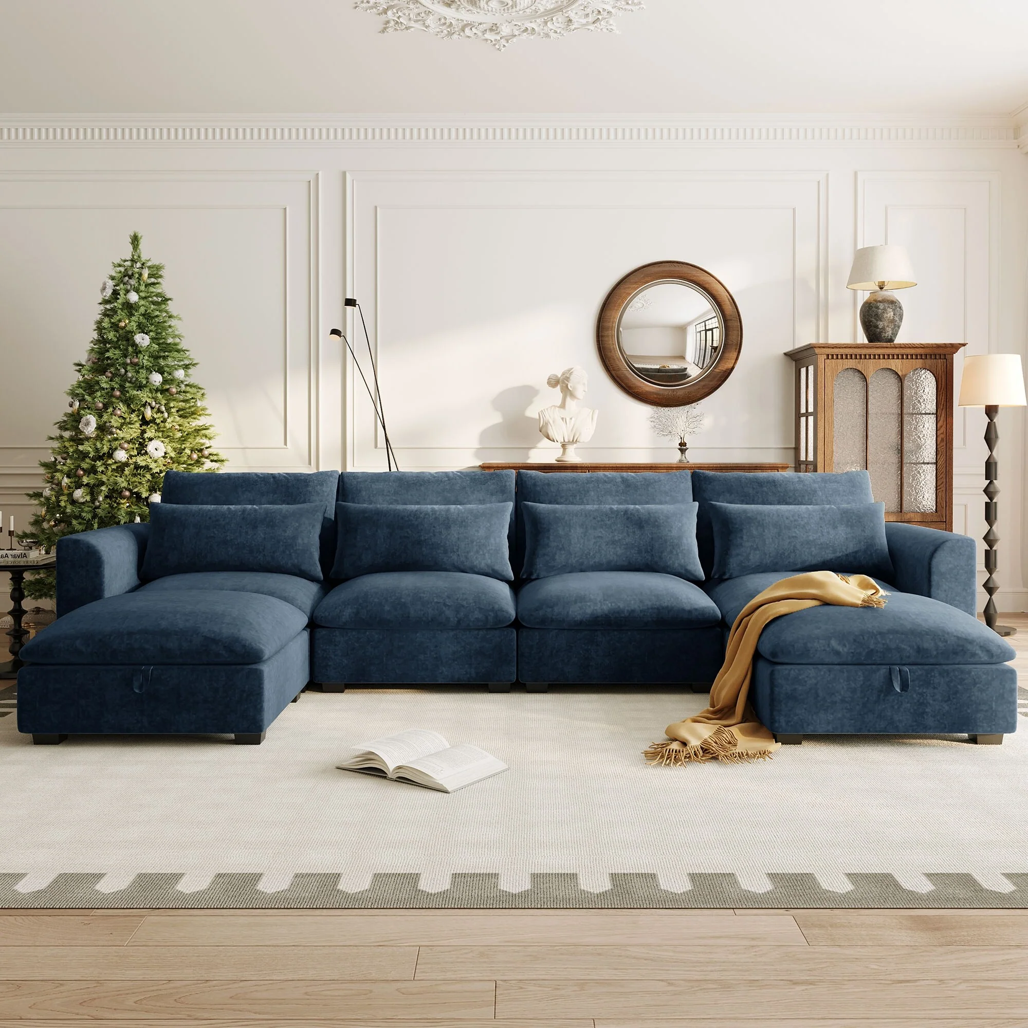 Modular Sectional Sofa, Upholstered Corner Sofa with 2 Storage Ottomans and 4 Pillow, U-shaped Solid Wood Deep Seat Sofa