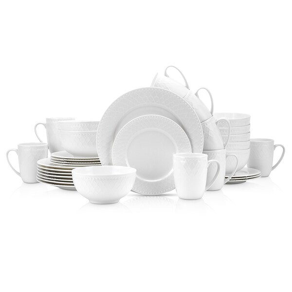 Stone Lain Ava Bone China Basket-Weave Embossed Round Dinnerware Set