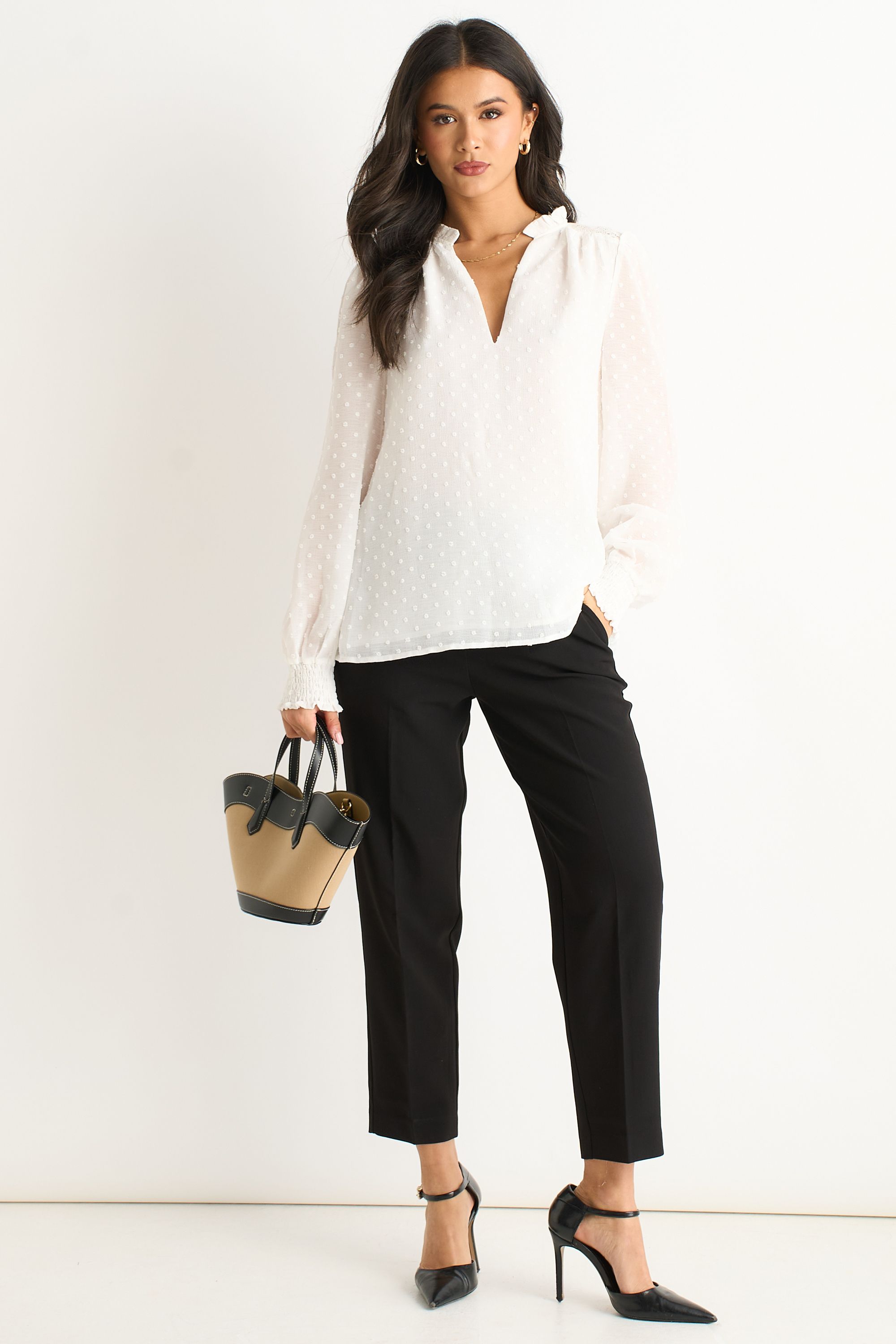 Gini London White Dobby Chiffon Frill Neck Blouse