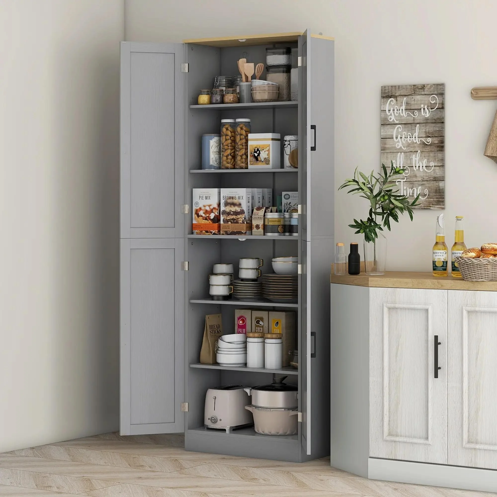 Freestanding Kitchen Pantry, 4-Door, Adjustable Shelves and Doors