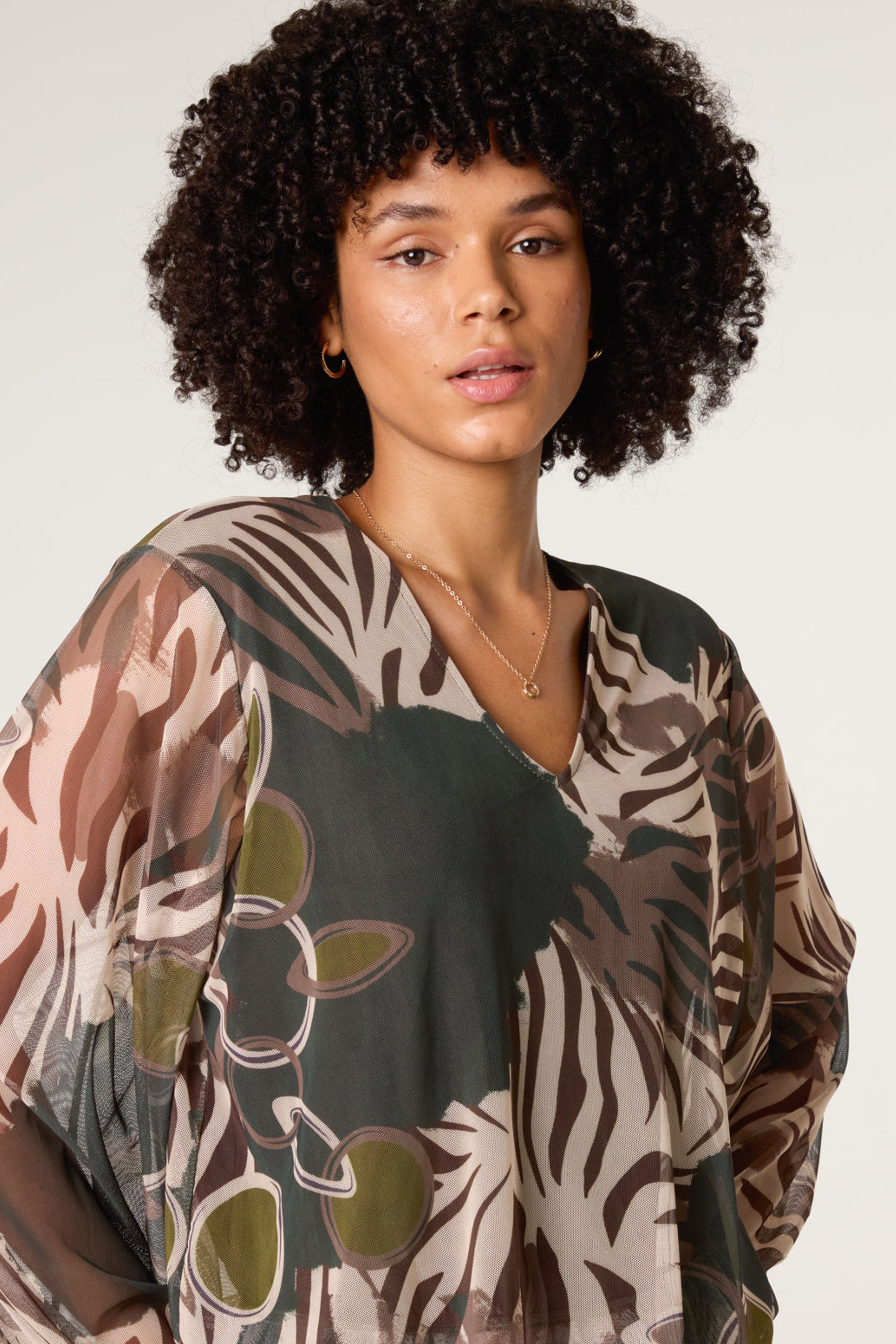 Blue Vanilla Khaki Printed Mesh V Neck Puffball Top
