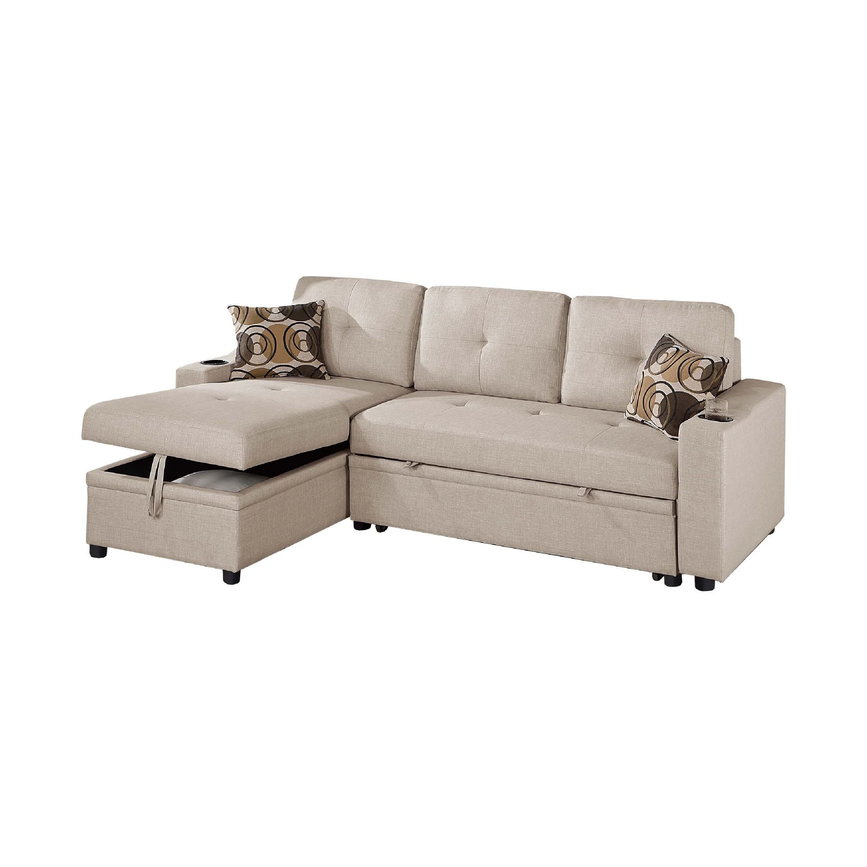 Pero Sectional Sofa Set w Reversible Storage Chaise, 2 Pillows, Beige