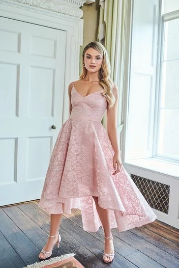 Quiz Pink Lace Strappy V Neck Dip Hem Dress