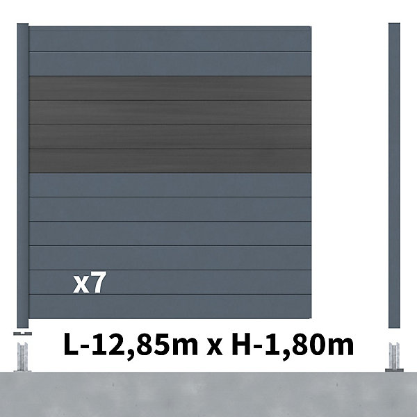 Kit Clôture Aluminium BAHIA &CRUZ Ardoise 12,85x1,8m - Aluminium et bois composite - Poteaux sur Platines gris - Occultation