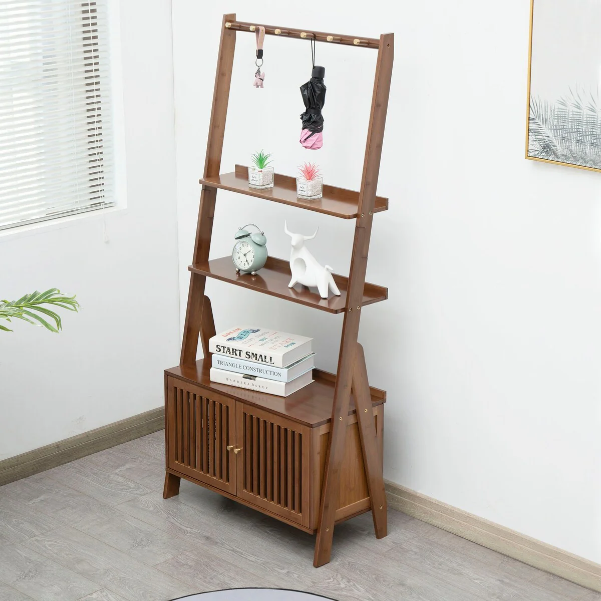 Bamboo Ladder Shelf Modern Wood Bookshelf Tall Bookcase Leaning Wall Shelves Open Standing Storage Rack Shelves for, Offic