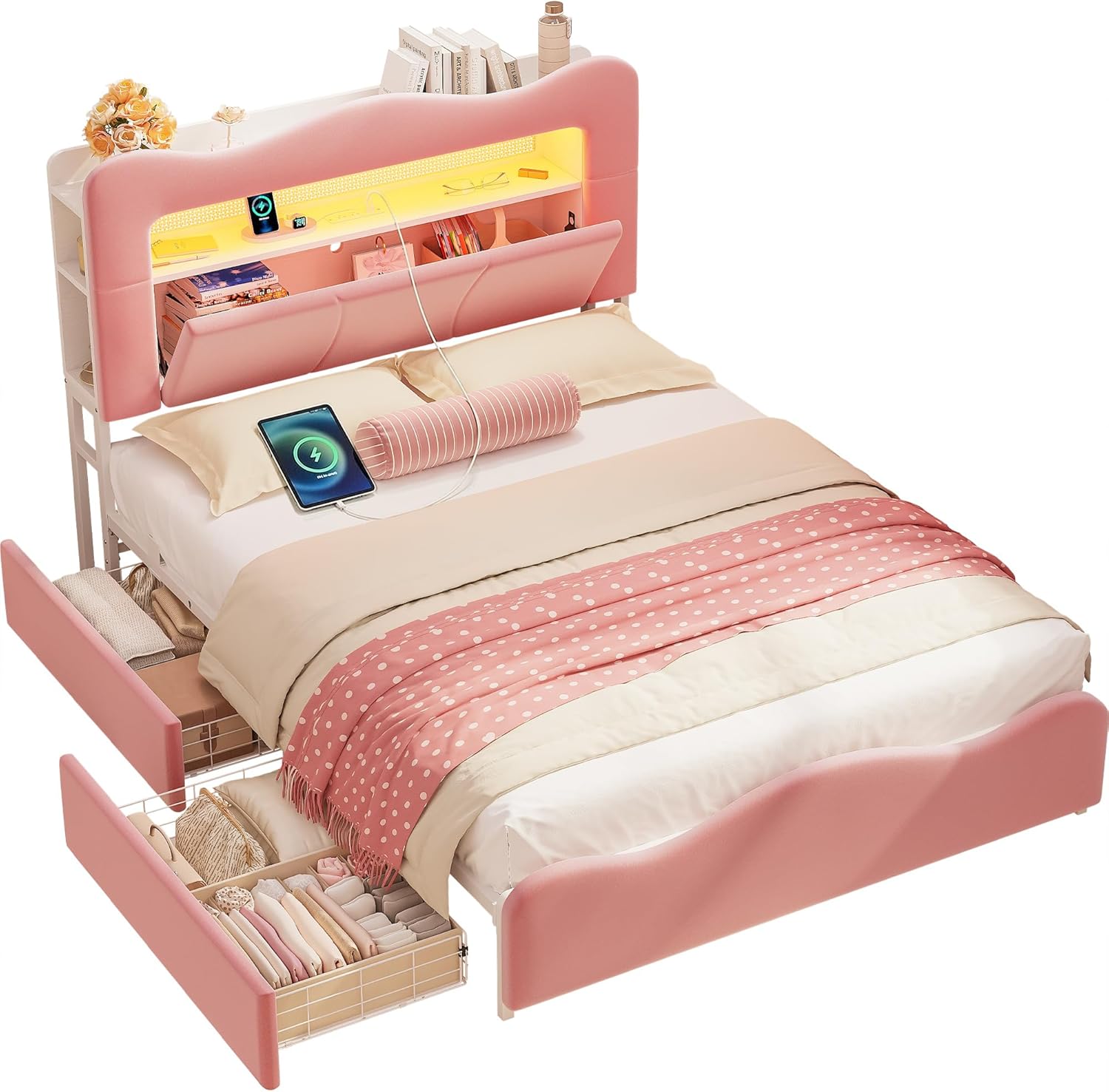 LIKIMIO Full Upholstered LED Bed Frame with 2 Storage Drawers and Bookcase Storage Headboard, Velvet Princess Platform Bed with Charging Station, Heavy Duty Metal Support, No Box Spring Needed, Pink