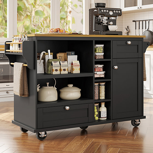 Îlot de cuisine 120x46x92cm, buffet avec étagères réglables en hauteur et deux tiroirs,chariot de cuisine à roulettes,MDF,noir