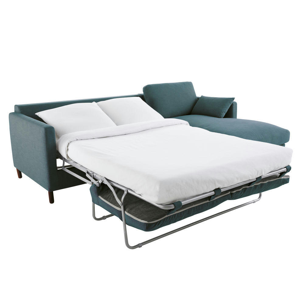 Julian - Canapé d'angle droit convertible 5 places bleu pétrole, matelas 10 cm