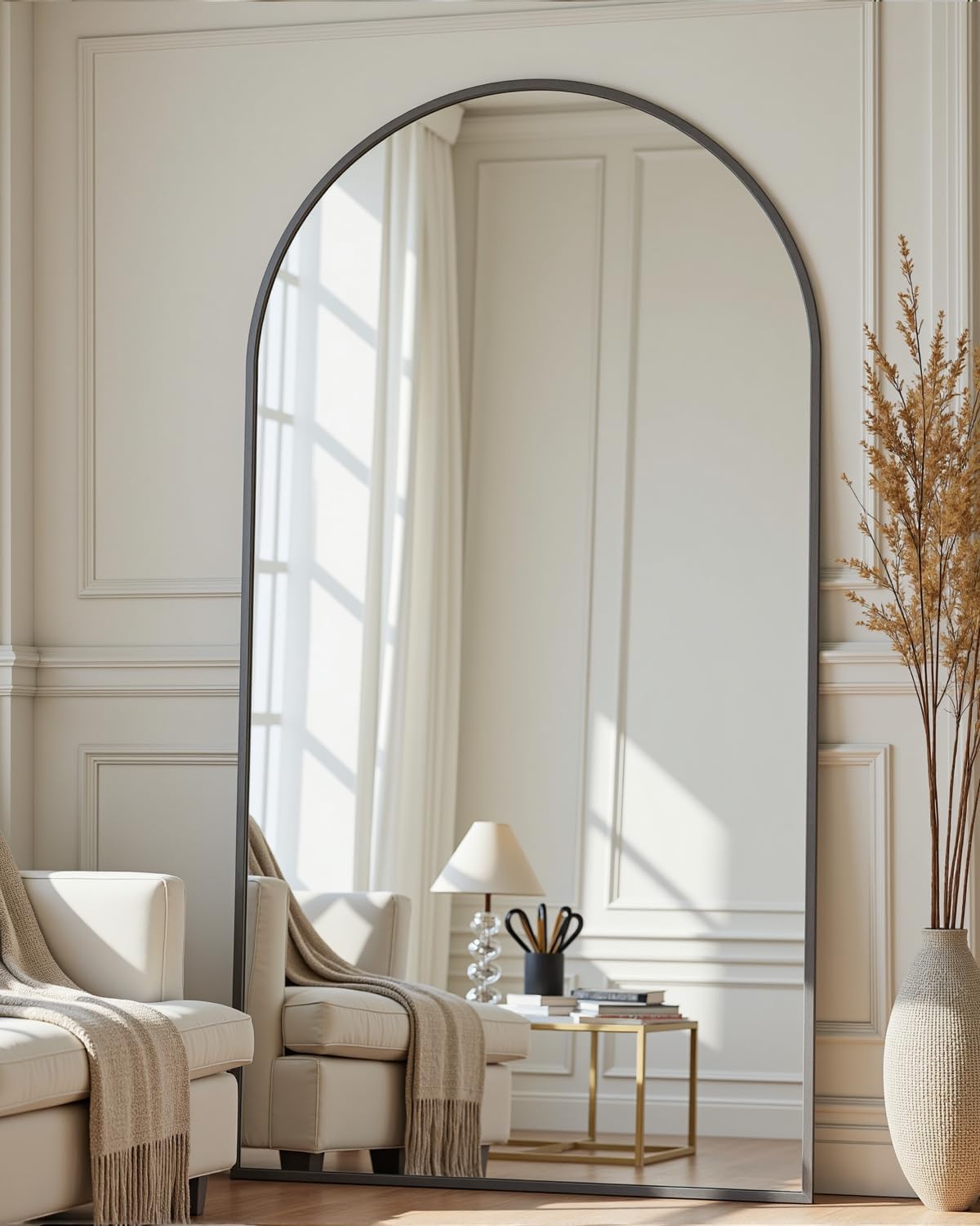 Full Length Mirror with Stand, 82x44 Arched Full Body Mirror, Large Stand Up Mirrors, Aluminum Frame Floor Standing Mirrors, Freestanding Hanging Leaning Mounted for Bedroom Living Room Black