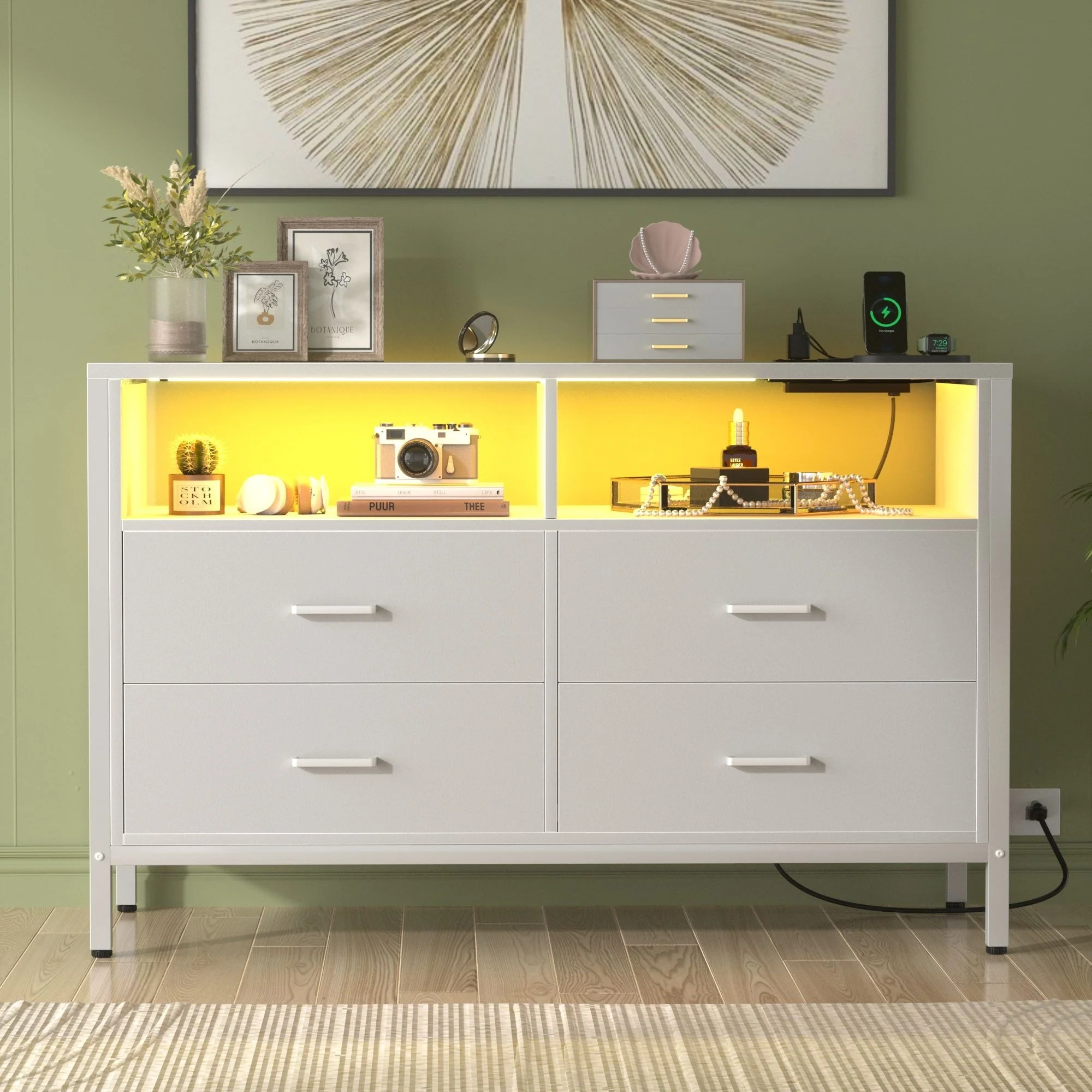 Chest of Drawers with LED Lights and Outlets,Wood Drawer Dresser for Clothes Storage