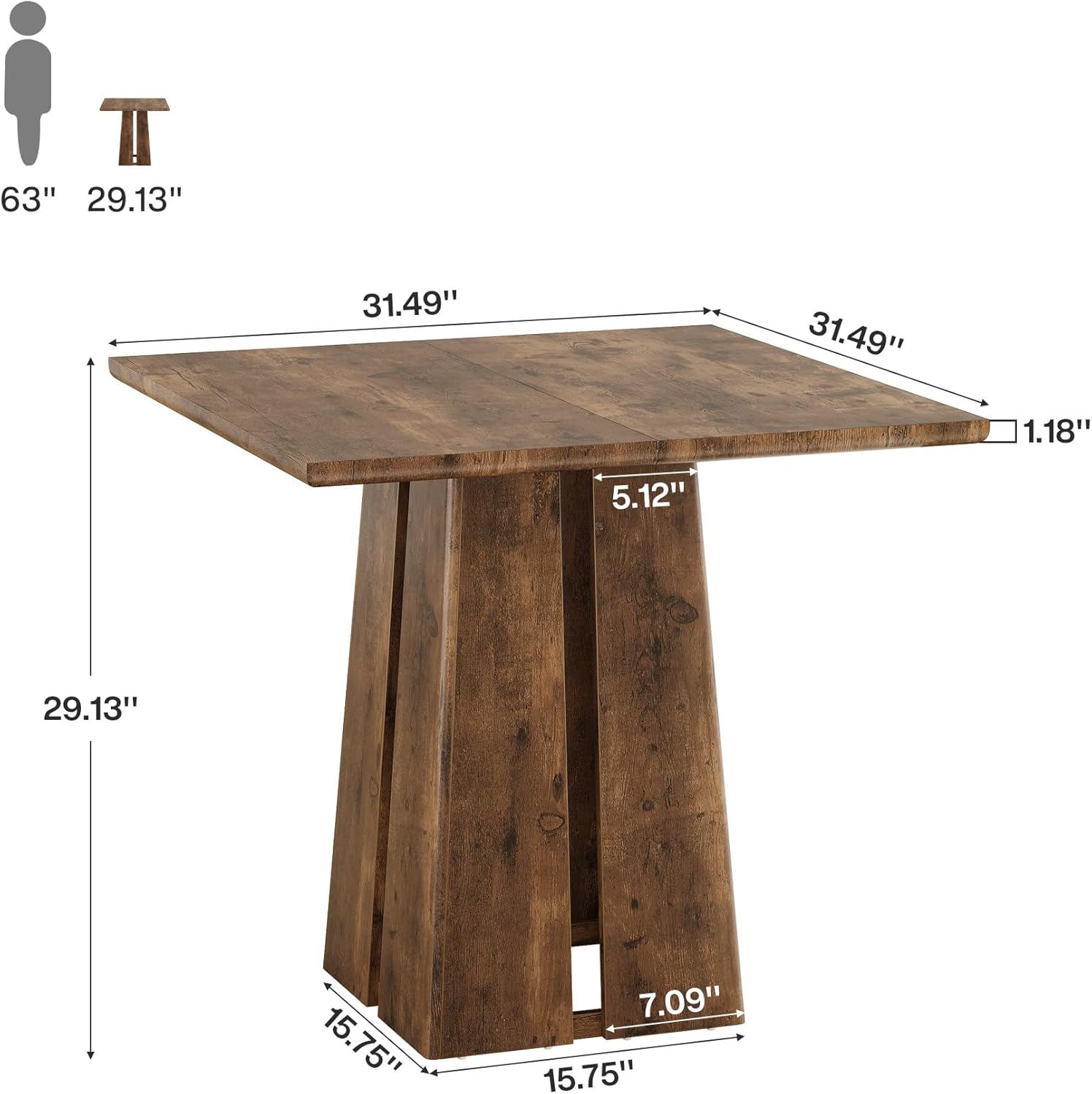 LITTLE TREE Wooden Square Dining Table 4 Sets, 31.5 Farmhouse Kitchen Table with Heavy-Duty Pedestal Base, Dinner Furniture for Dining Room, Living Room, Kitchen (1, Rustic Brown)