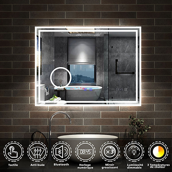 Miroir de salle de bain LED 80x60cm Tricolor anti-buée avec bluetooth simple, horloge et miroir grossissant 3x, AICA SANITAIRE