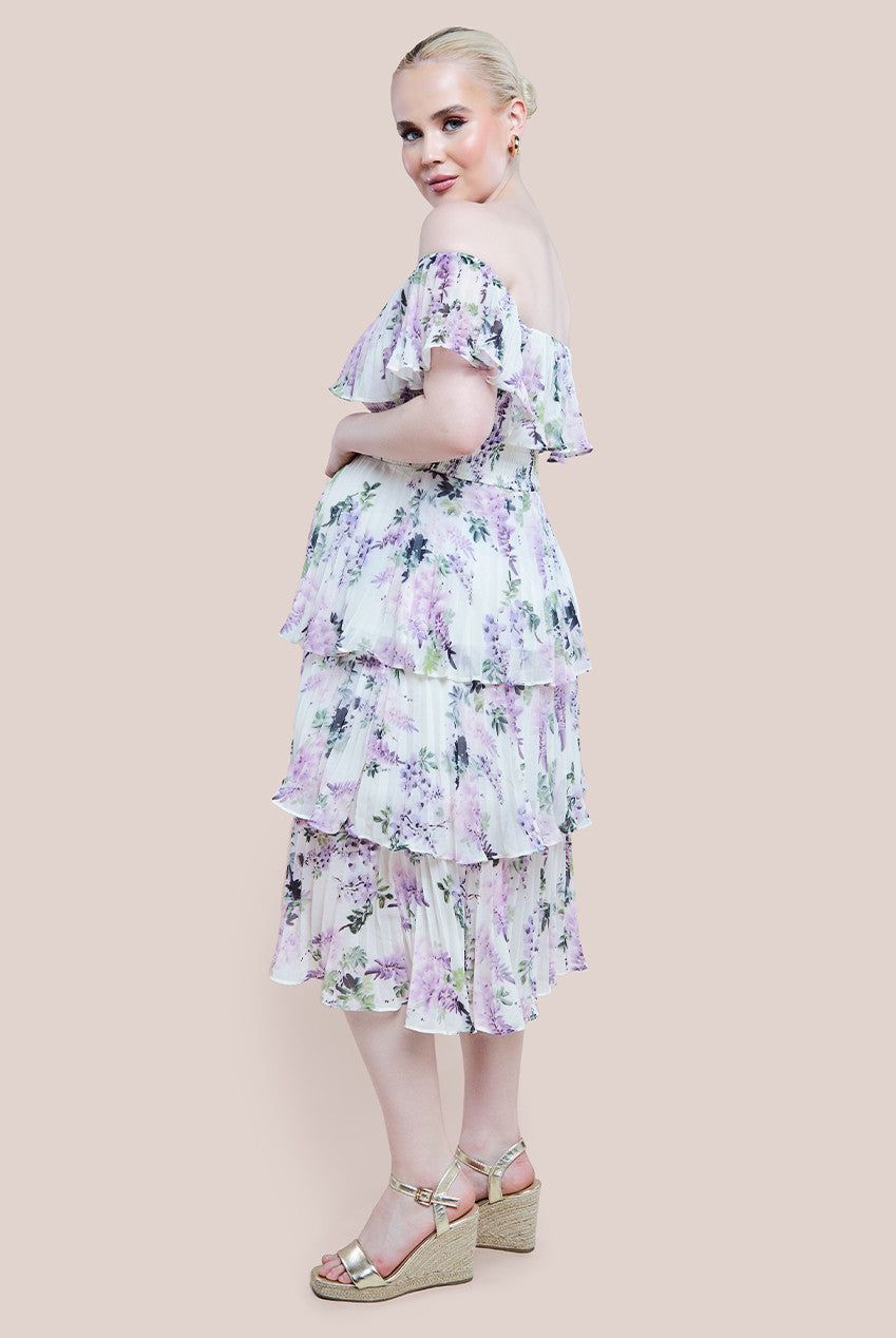 Goddiva Maternity Shirred Chiffon Floral Bardot Midi Dress