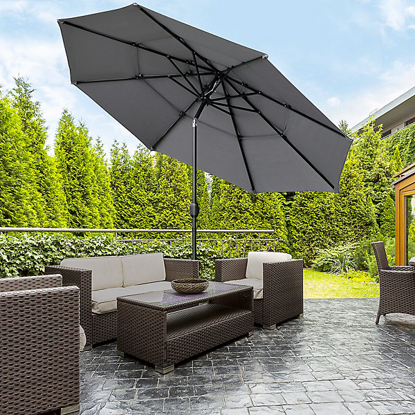 Parasol de jardin inclinable rond dia. 2,85 x 2,5 m manivelle cheminées d'aération toile haute densité 180 g/m² gris