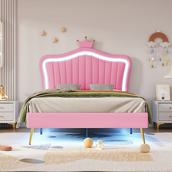 Lit simple 90 sur 200 cm cadre en PU cuir rose style couronne avec LED sommier et tête de lit matelas non inclus
