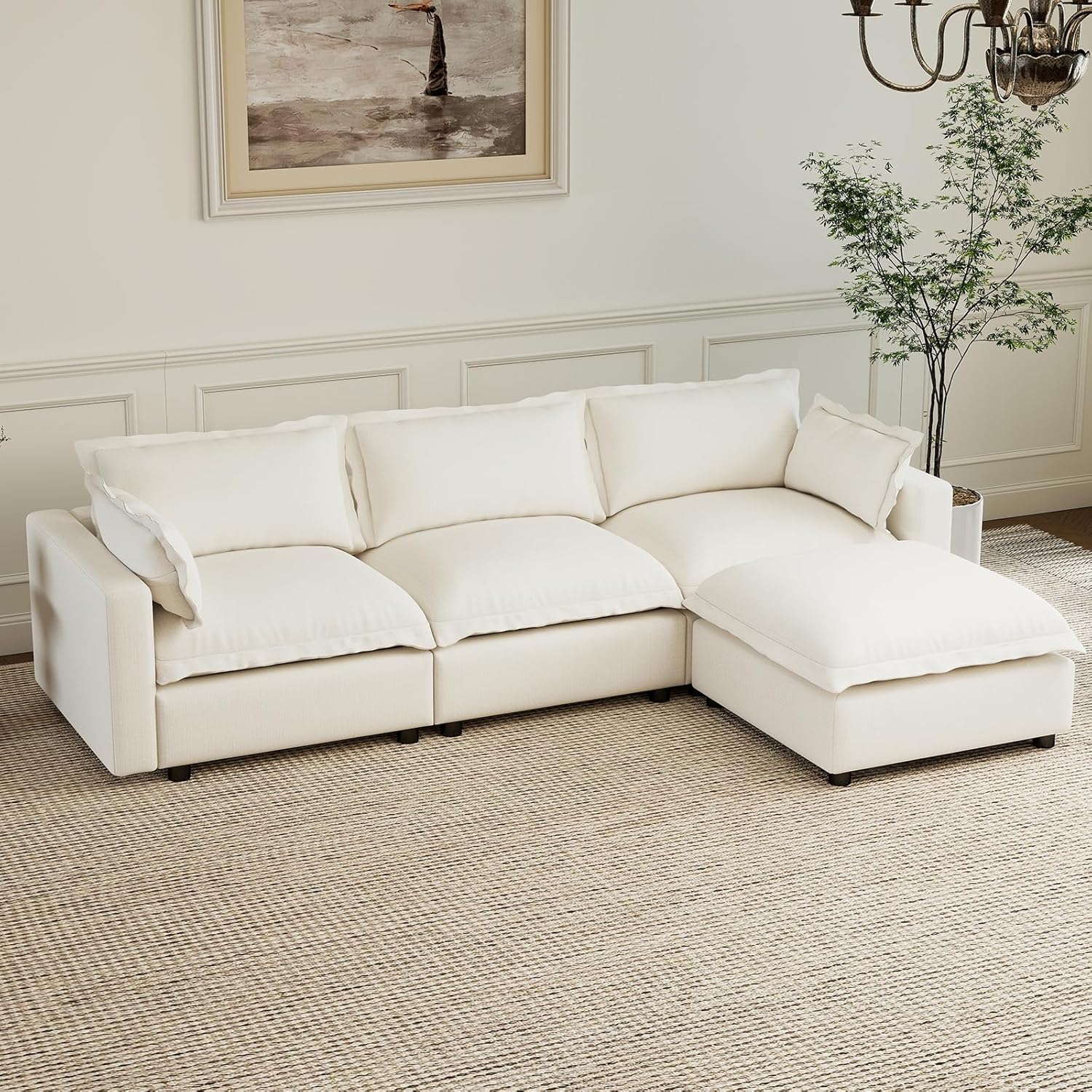 Kmax 97 Modular Sectional Sofa for Living Room, Modern Convertible L Shaped Sofa Couch Oversized Deep Seat Cloud Couch Sleeper with Ottoman, White
