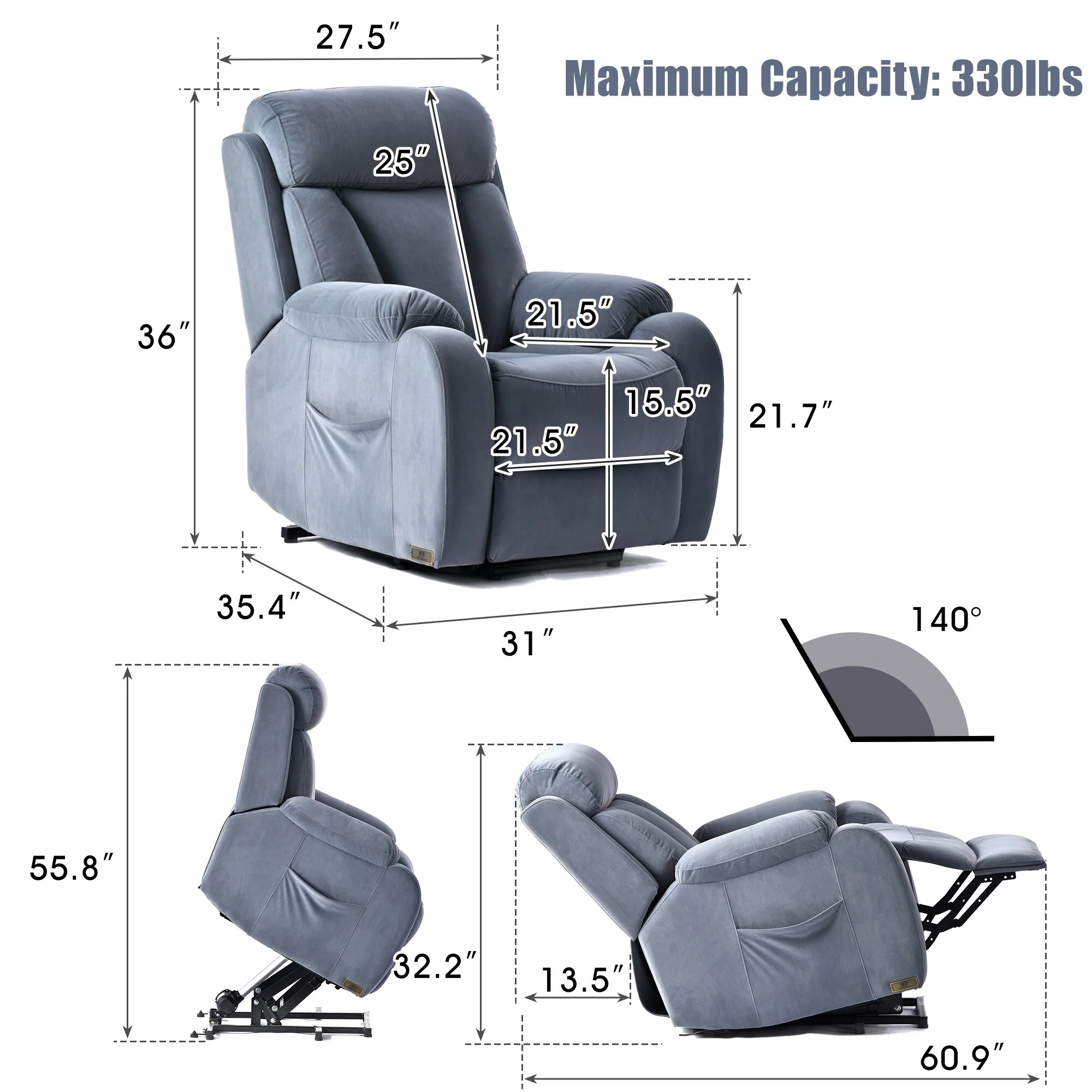 Blue Power Lift Recliner for Elderly with Remote & Side Pocket
