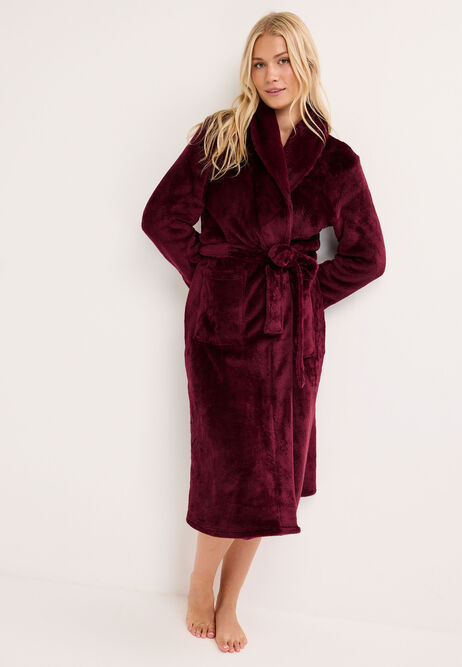 Womens Burgundy Luxury Fleece Dressing Gown