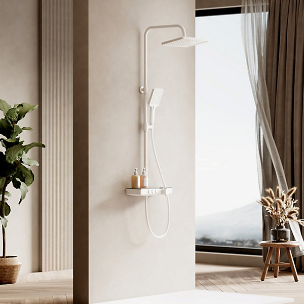 EMKE Colonne de douche Thermostat, 36 x 14 cm étagères en verre, 3 types de jets, douche à effet pluie, Certification KTW, Blanc
