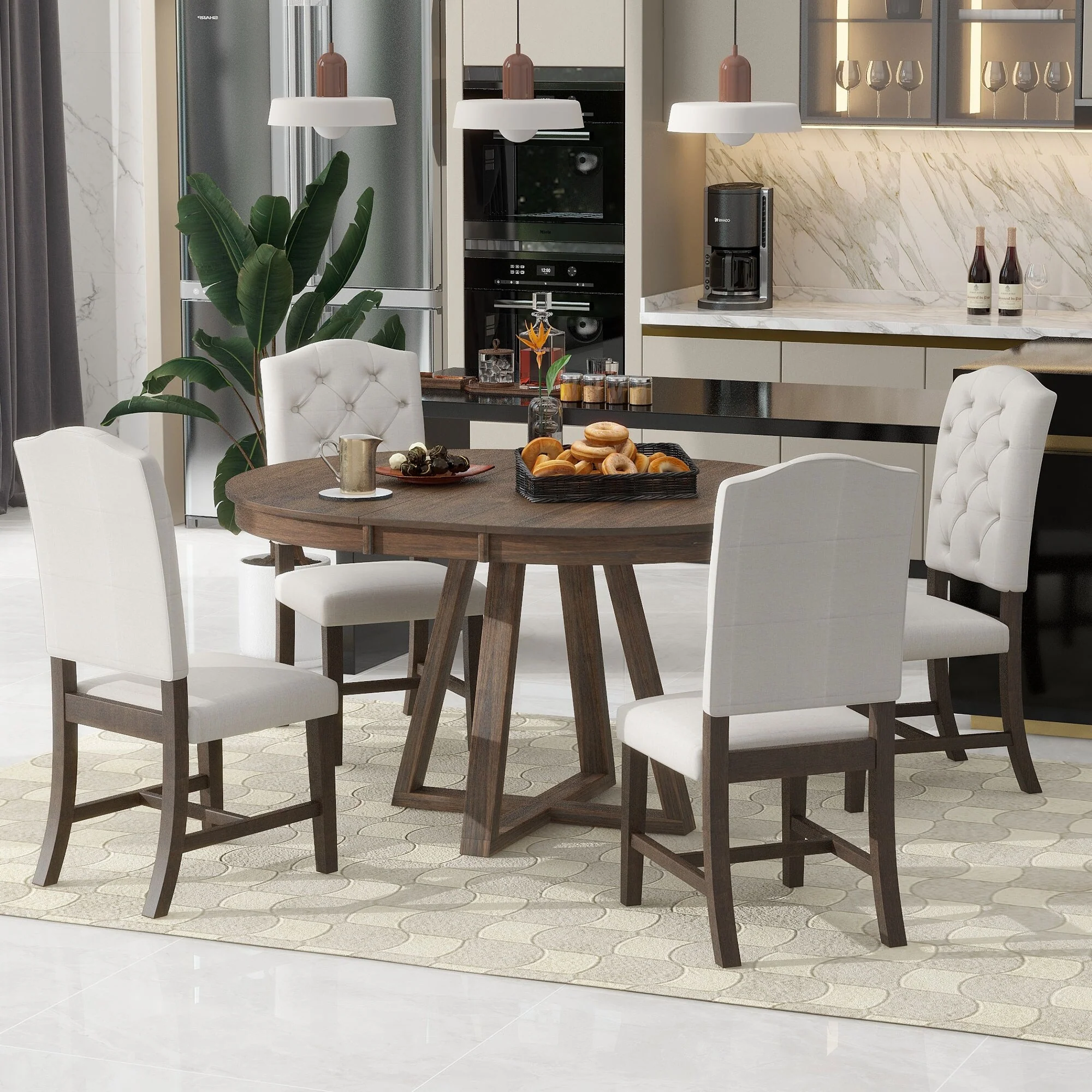 5-Piece Wooden Dining Table Set with Expandable Round Table & 4 Chairs