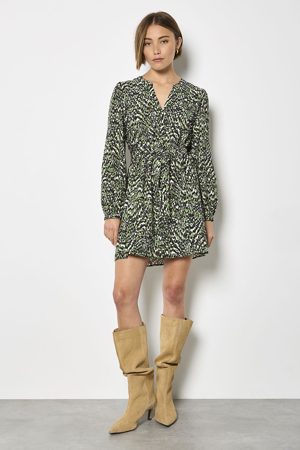 Apricot Animal Ikat Print Drawstring Mini Dress