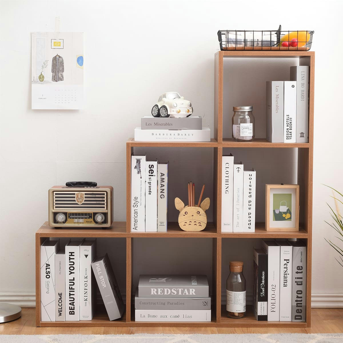 BERLINO - Bibliothèque en escalier avec 6 cubes en mdf couleur brun chêne