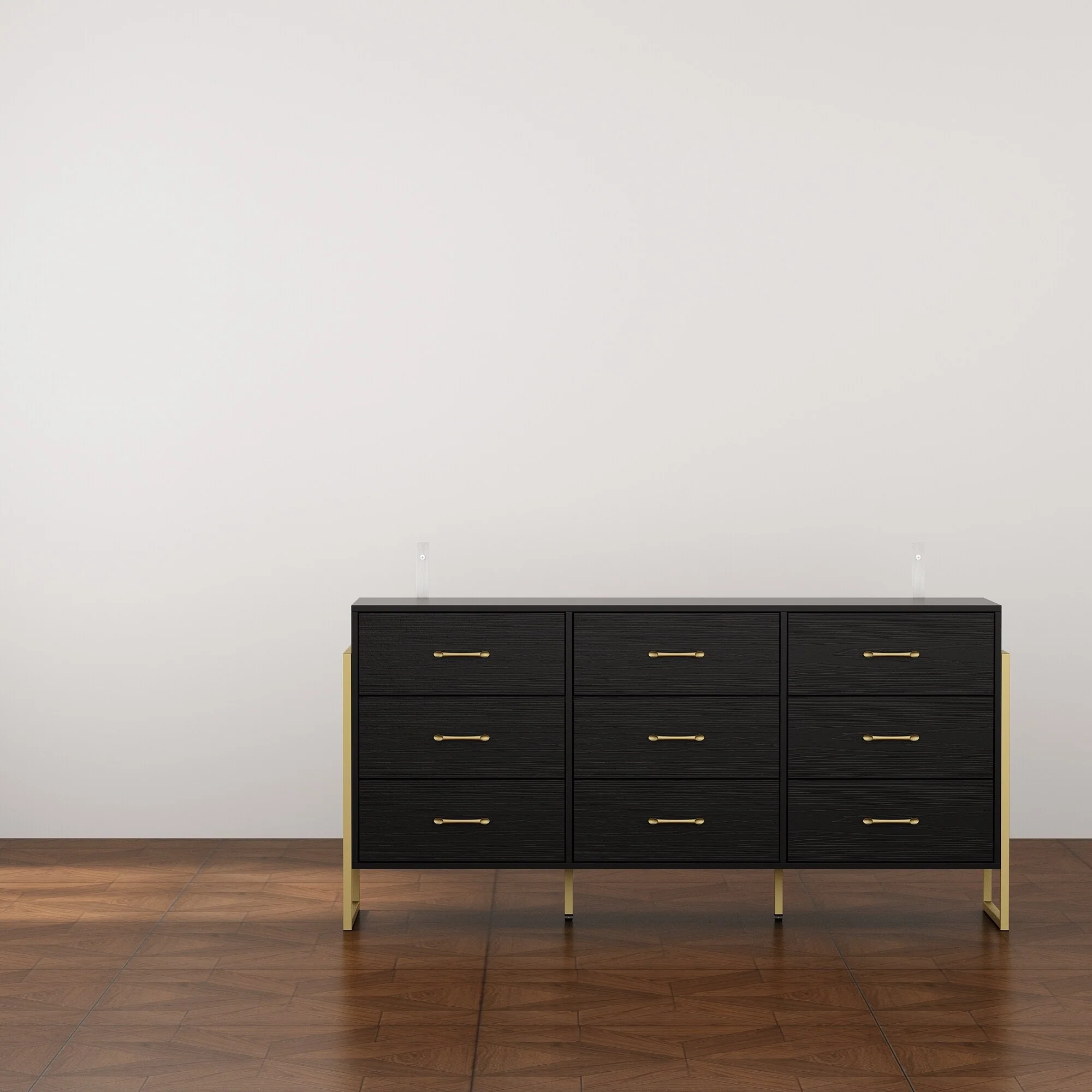 Elegant 9-Drawer Dresser with Gold Accents - Black Stripe Finish Chest