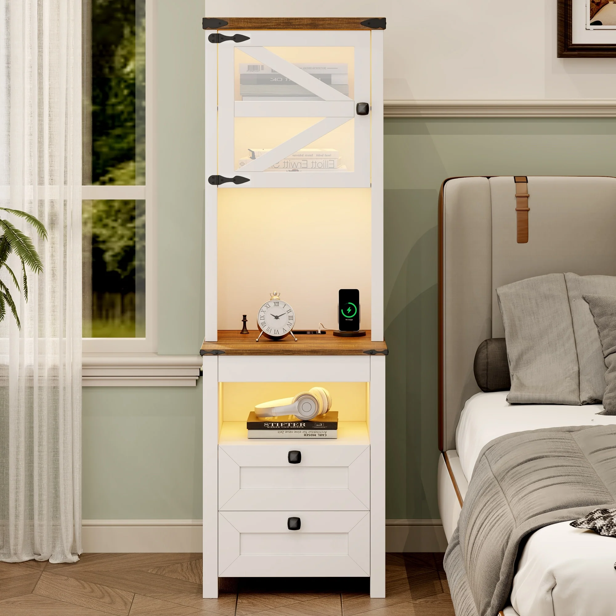 55Tall Nightstand With Charging Station And Led Lights