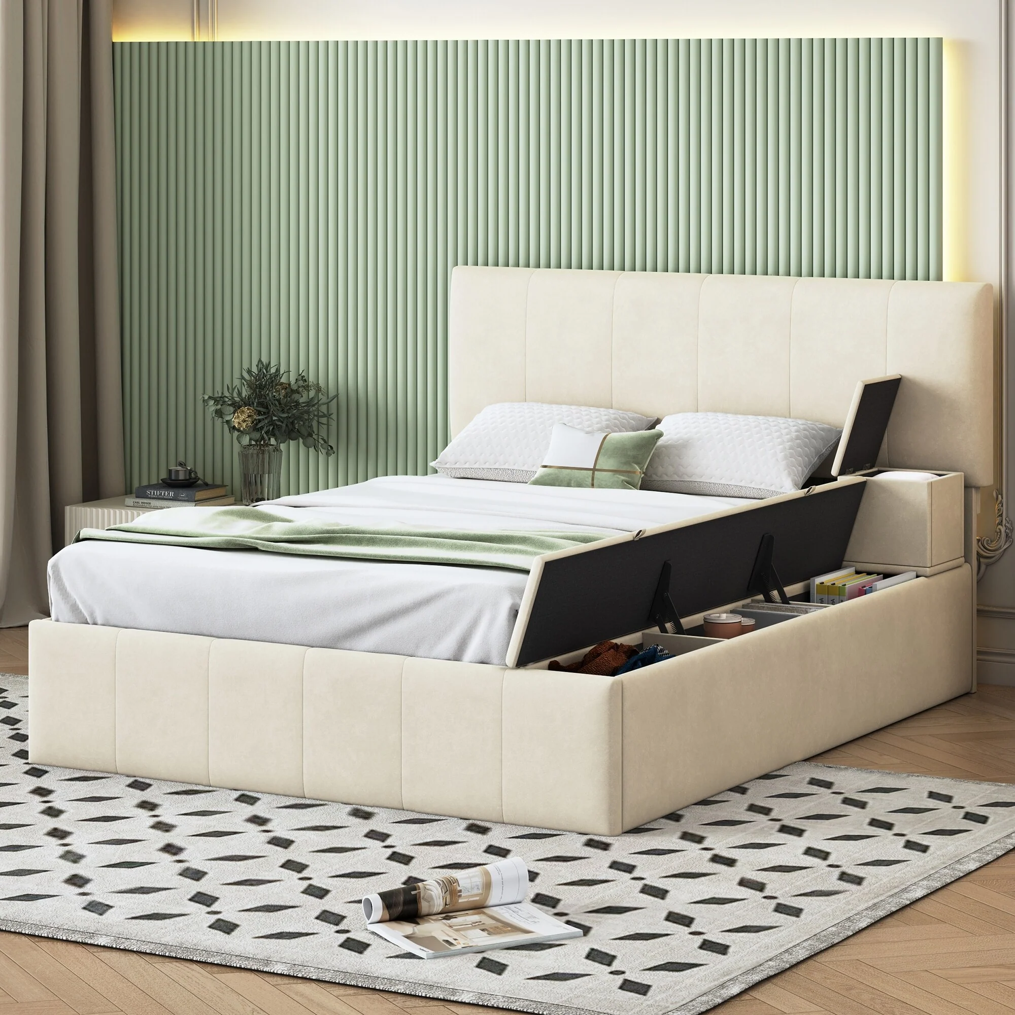Elegant Velvet Upholstered Platform Bed with Lateral Storage, Full Size