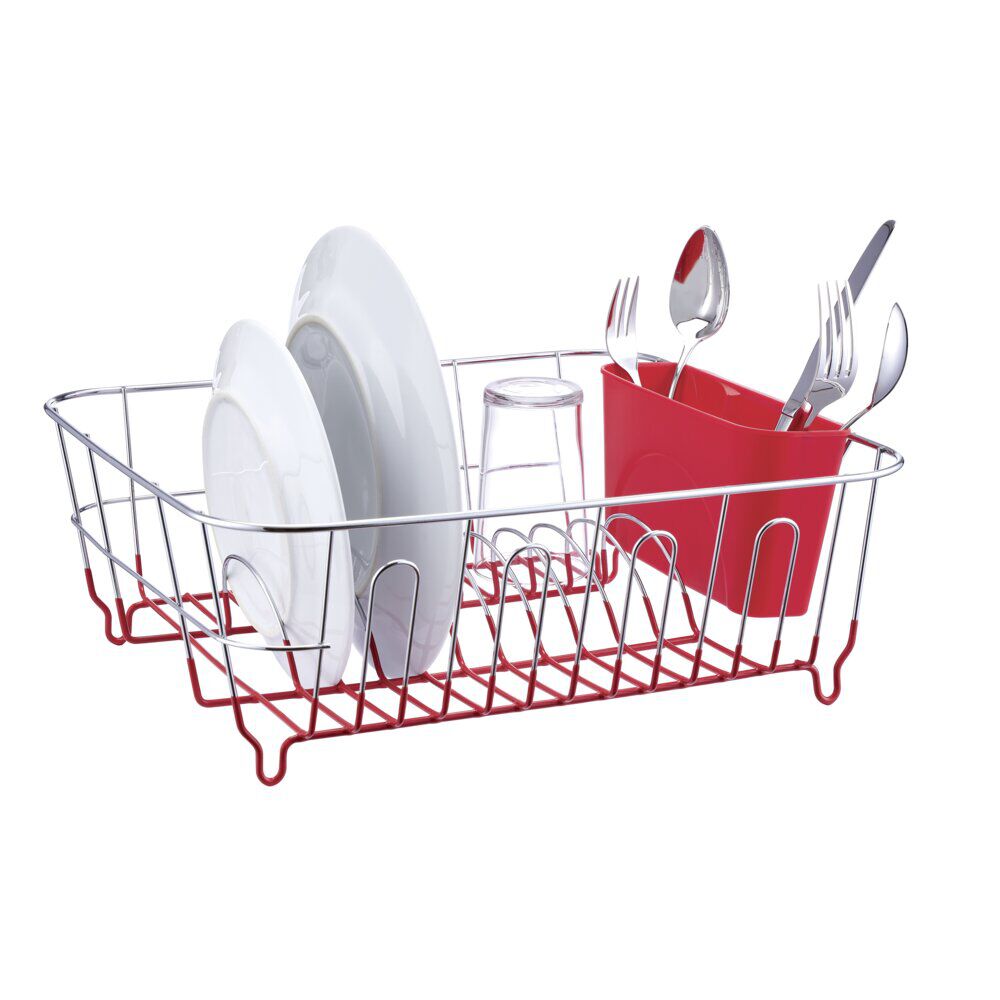 égouttoir vaisselle base métal gris et rouge