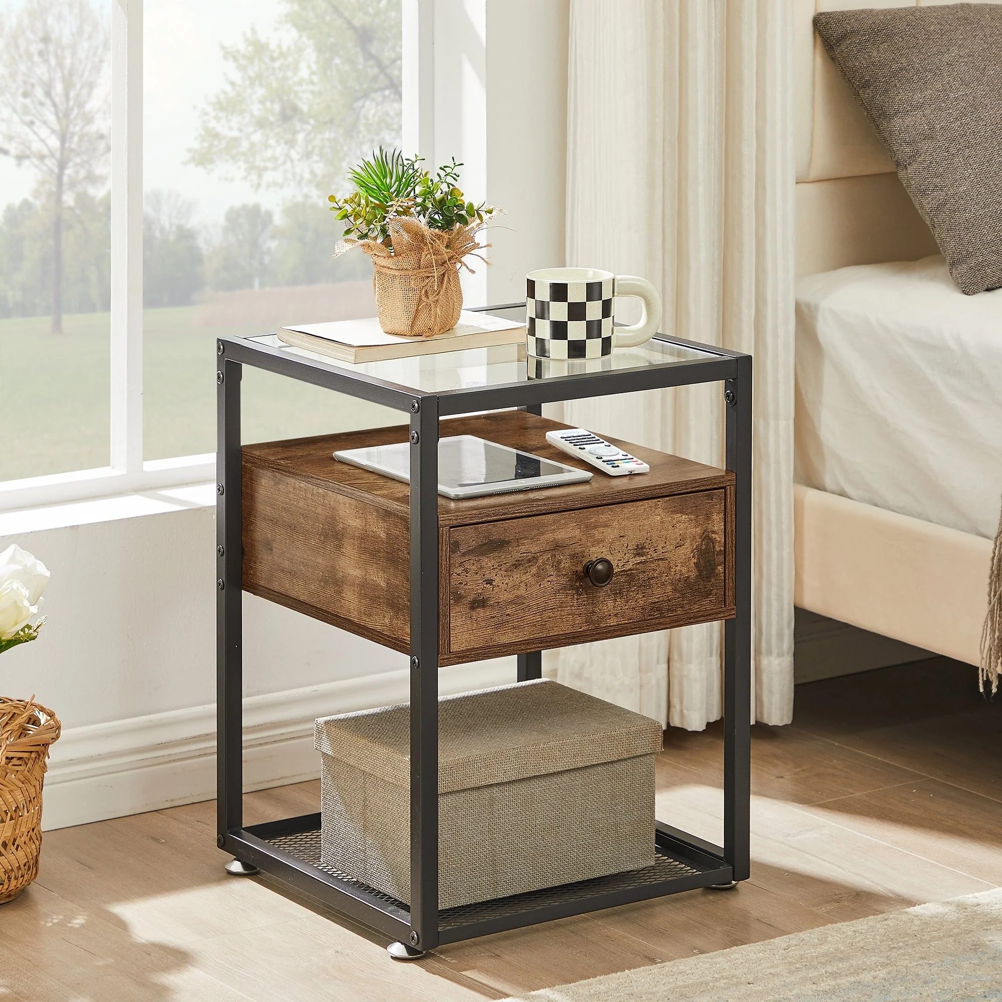 VECELO Modern 1- Drawer Nightstands with Tempered Glass Top
