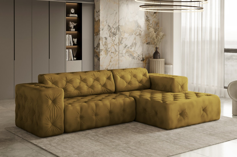 Sofa w kształcie L LUX narożnik, tkanina Whisper, Złoty Prawostronny