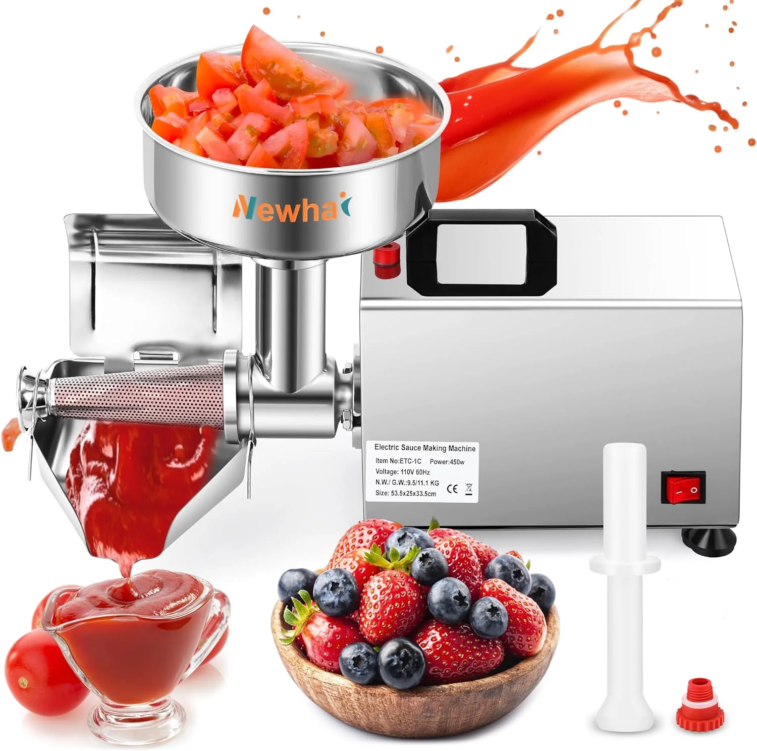 450W Electric Tomato Strainer Commercial Tomato Milling Machine Stainless Steel Food Press Tomato Sauce Maker Food Squeezer Tomato Sauce Machine for Tomato Strawberry and Blueberry Sauce