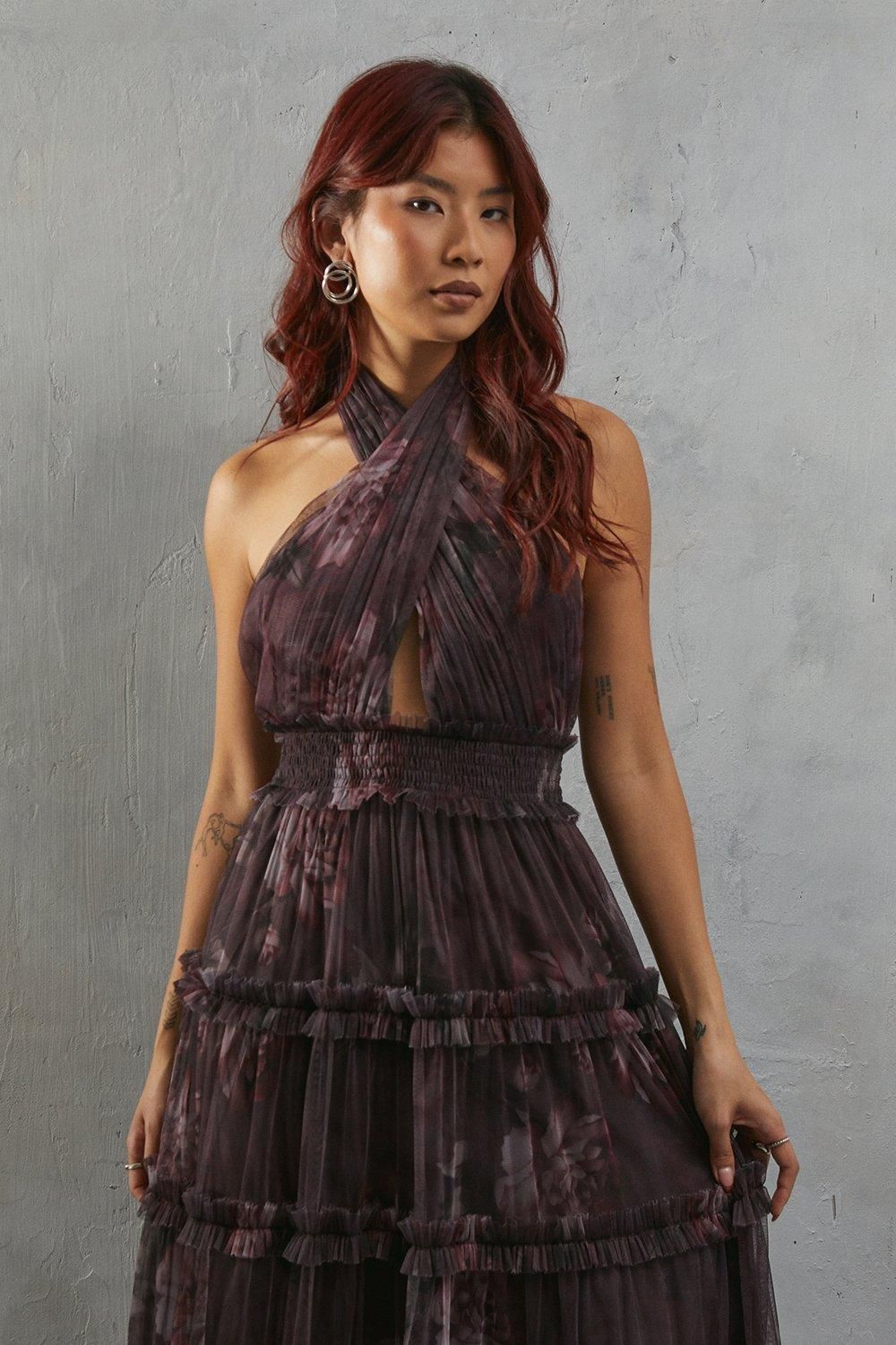 Warehouse Tulle Floral Halter Shirred Waist Tier Maxi Dress