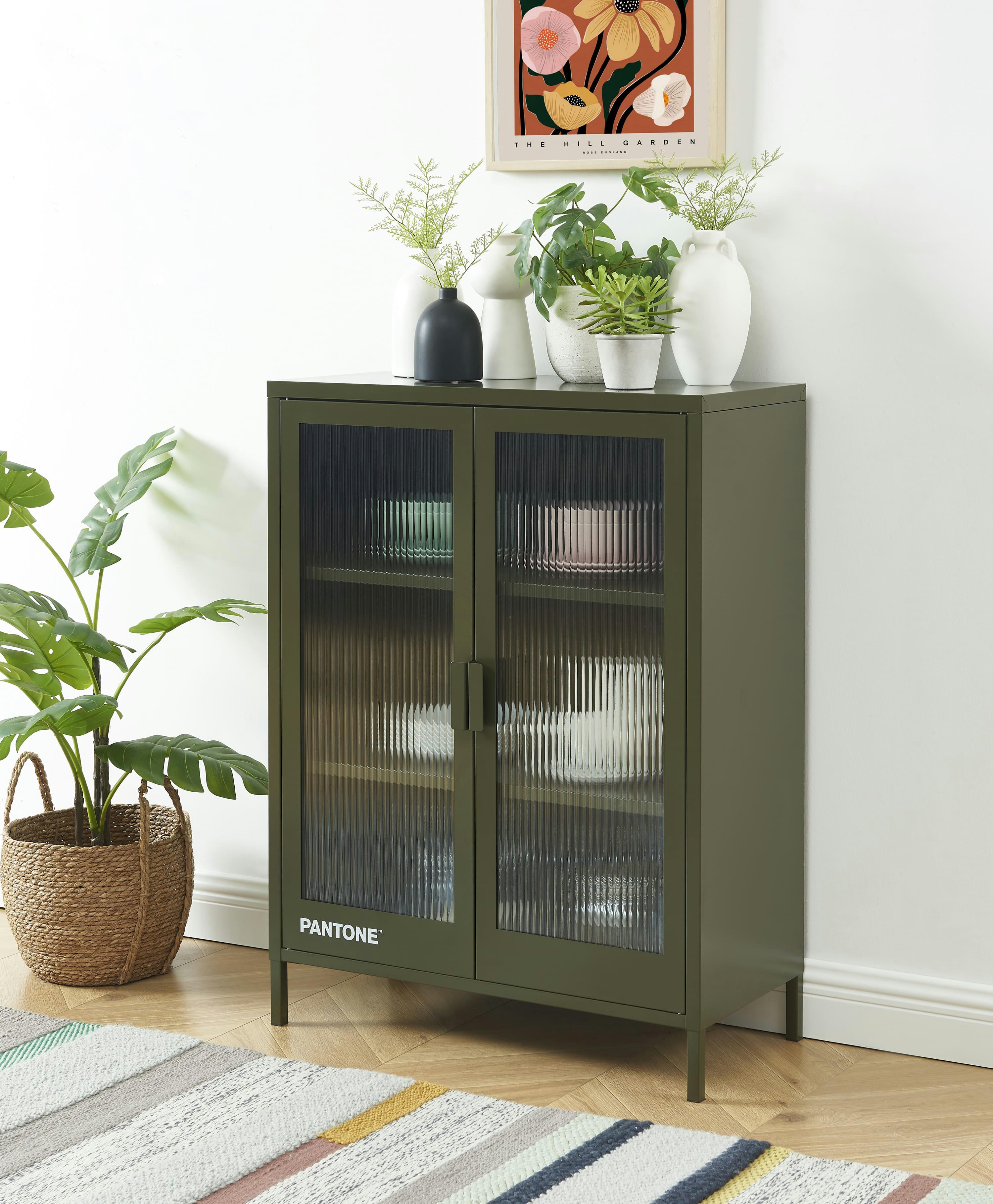 PANTONE - Buffet  vert olive foncé portes en verre cannelé