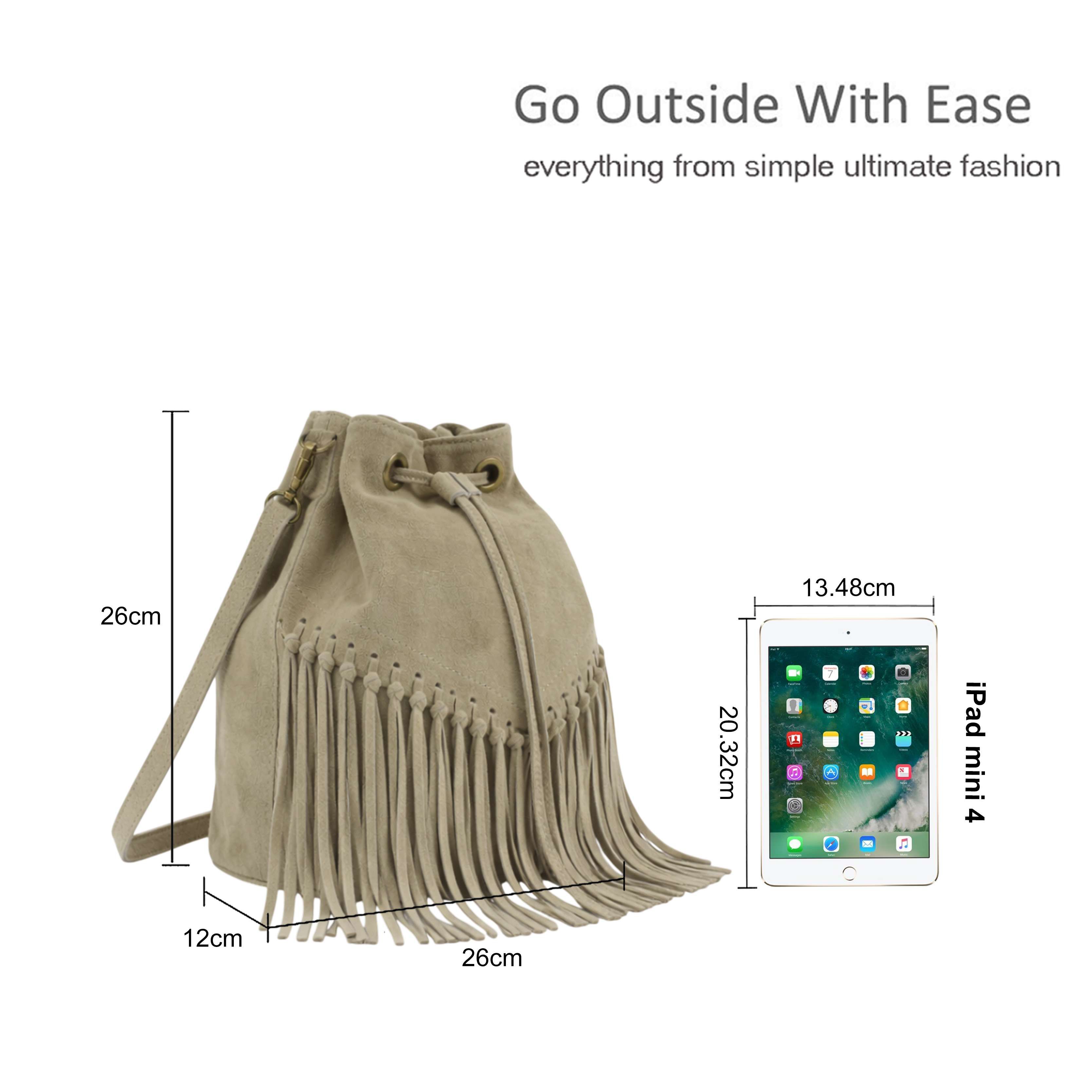 Kitise Drawstring Closure Soft Real Suede Leather Boho Fringe Bucket Bag