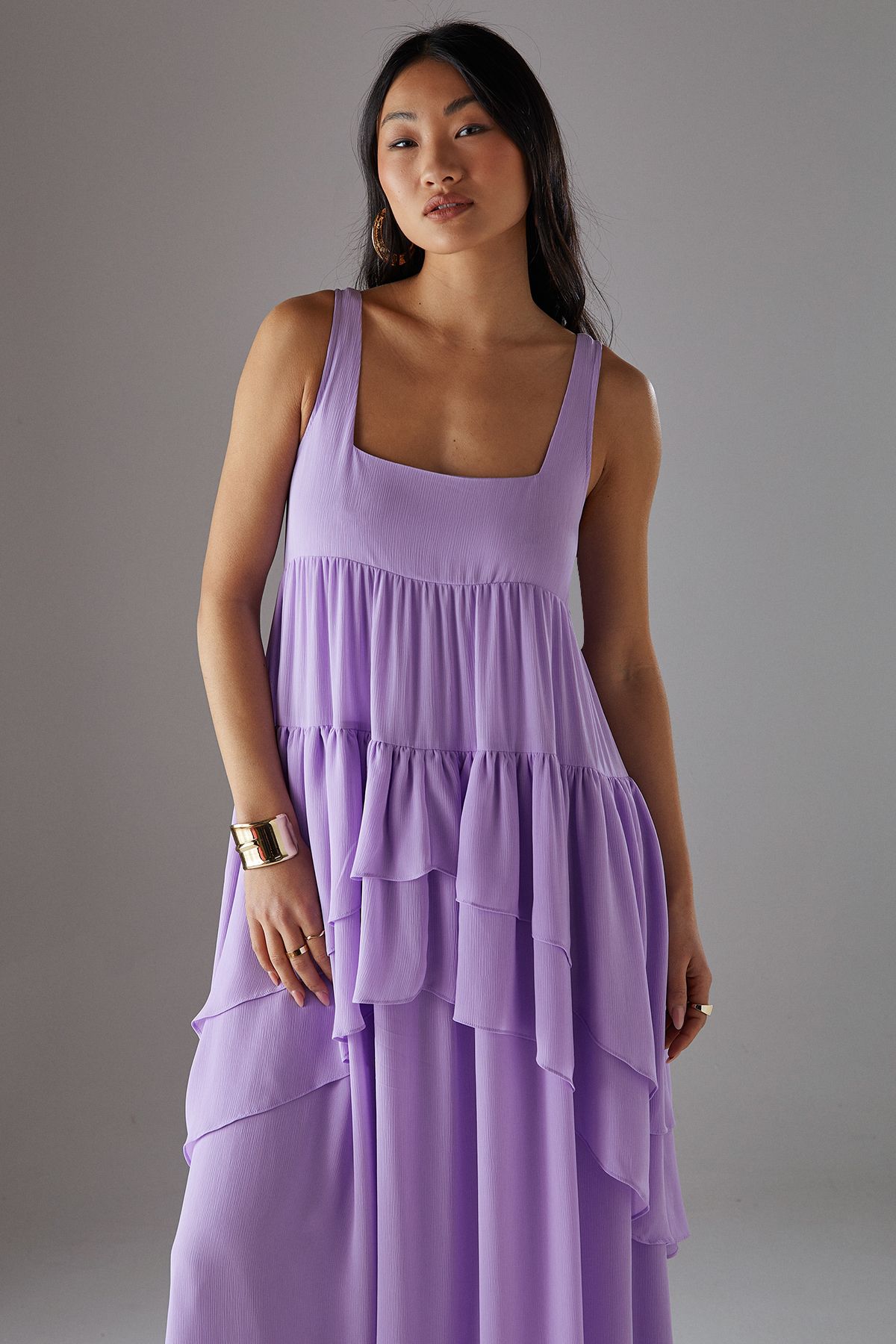 Warehouse Petite Chiffon Ruffle Tier Smock Midi Sundress