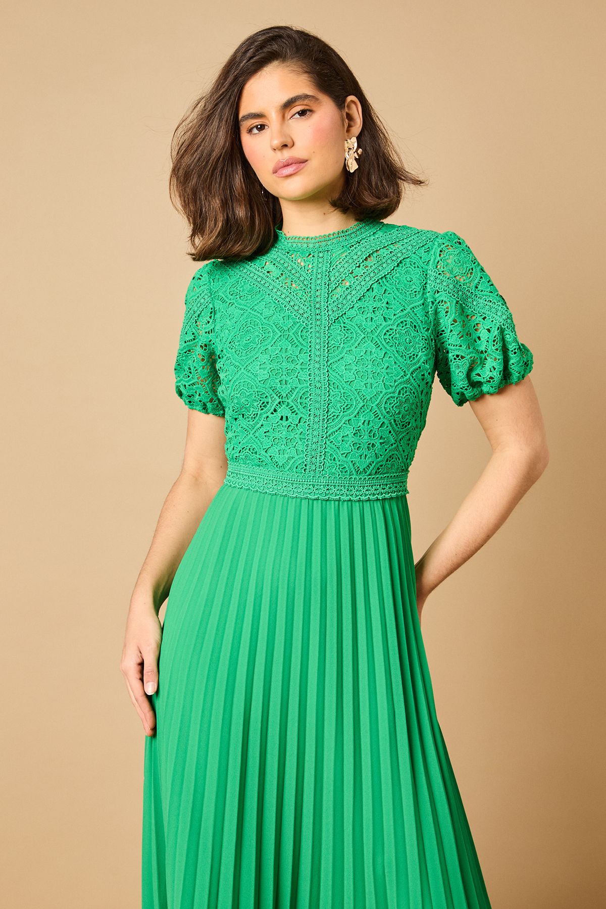 Oasis Lace Puff Sleeve Pleated Midi Dress