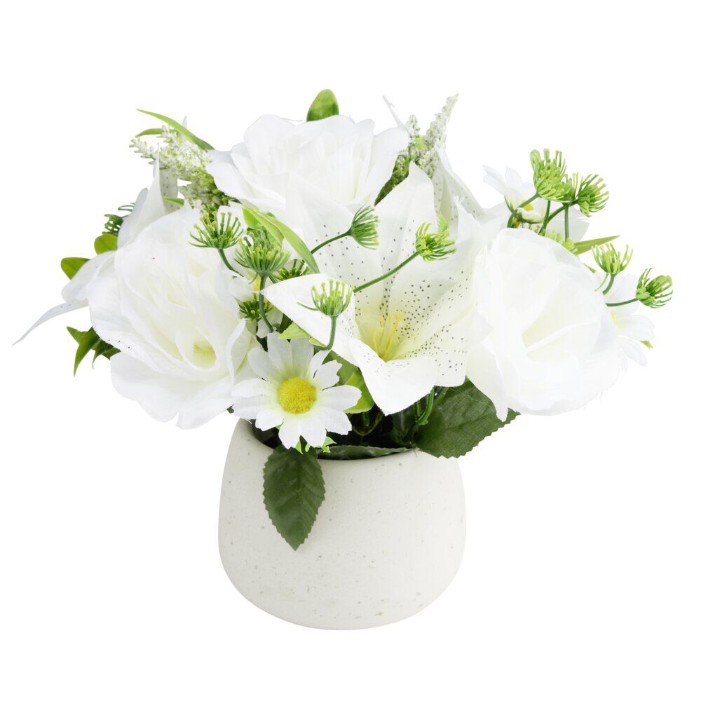 Composition florale artificielle en pot rose blanche et lys blanc Ø24xH22cm
