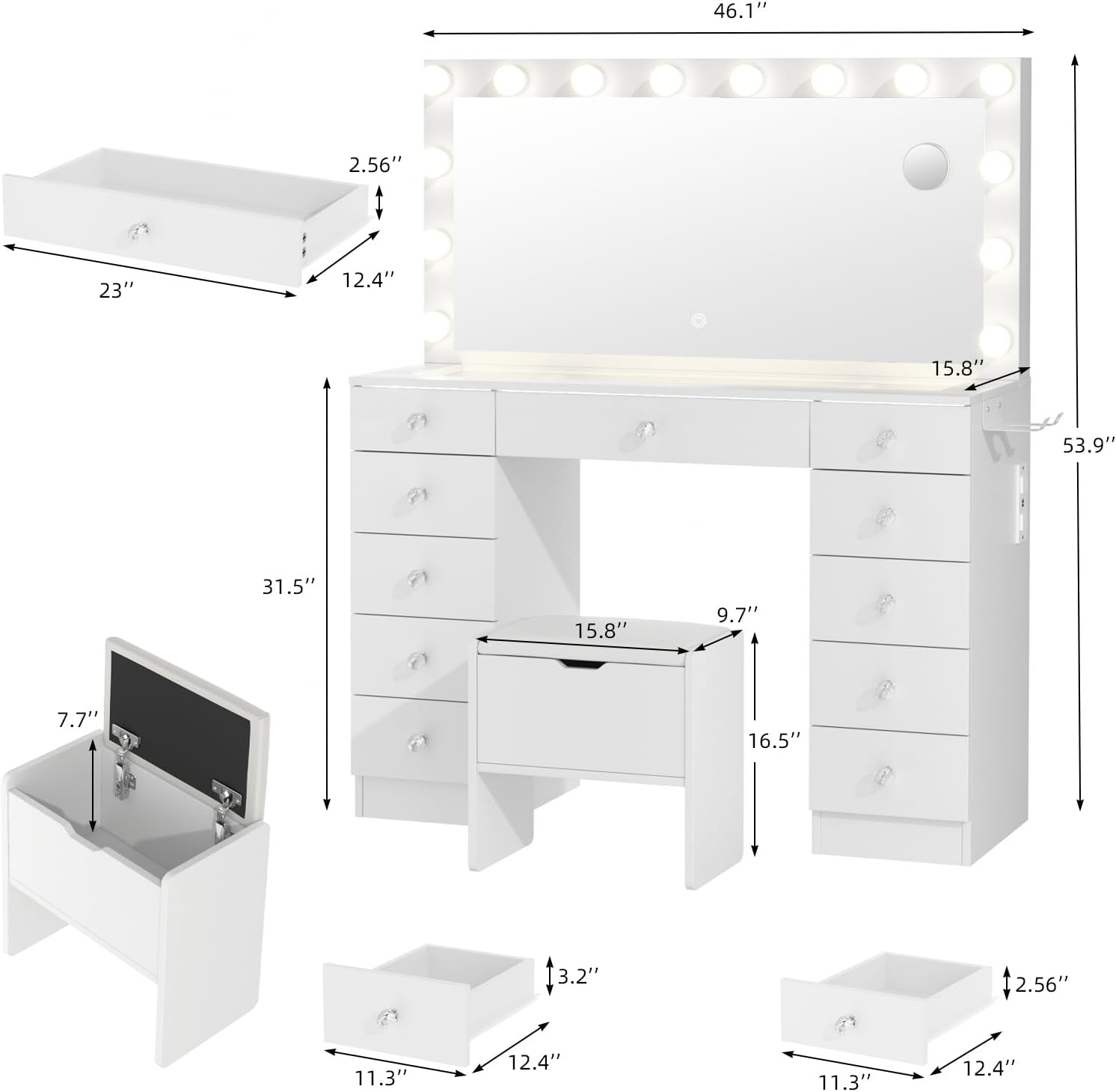VOWNER Vanity with Lighted Mirror - Makeup Vanity Desk with Glass Top and 11 Drawers, 3 Color Lighting Modes Adjustable Brightness, 46 Vanity Table with Soft Cushioned Stool for Bedroom, White