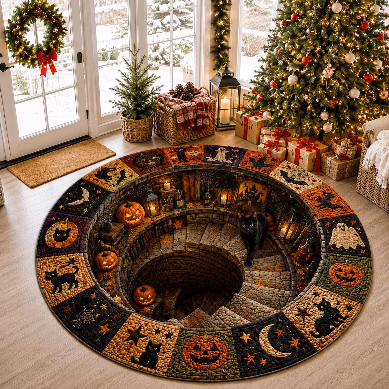 Halloween Black Cat Circle Rug, 3D Vortex Illusion Round Rug, Fall Autumn Leaves Spooky Decor, Witchy Floor Carpet Gift for Halloween